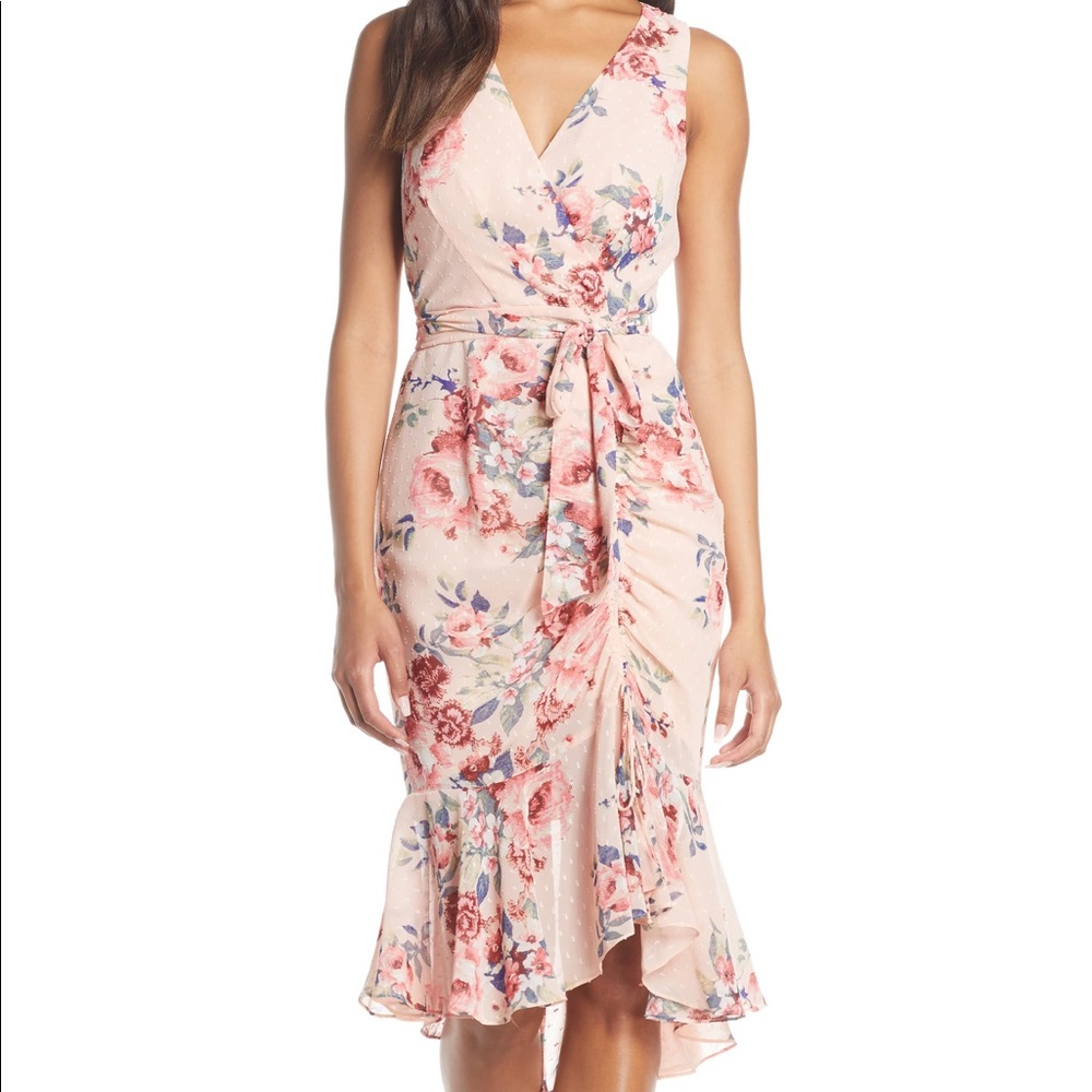 Eliza J Floral Ruched Chiffon Faux Wrap Dress 0P